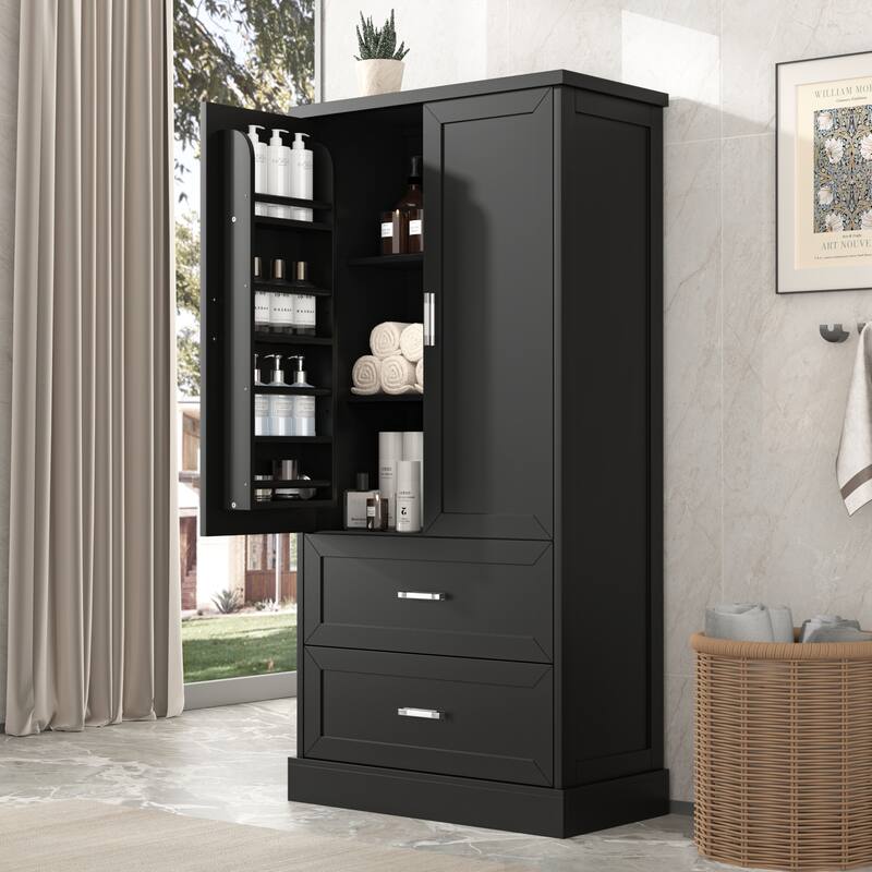 Tall Bathroom Storage Cabinet with Two Doors and Drawers, Adjustable Shelf, MDF Board