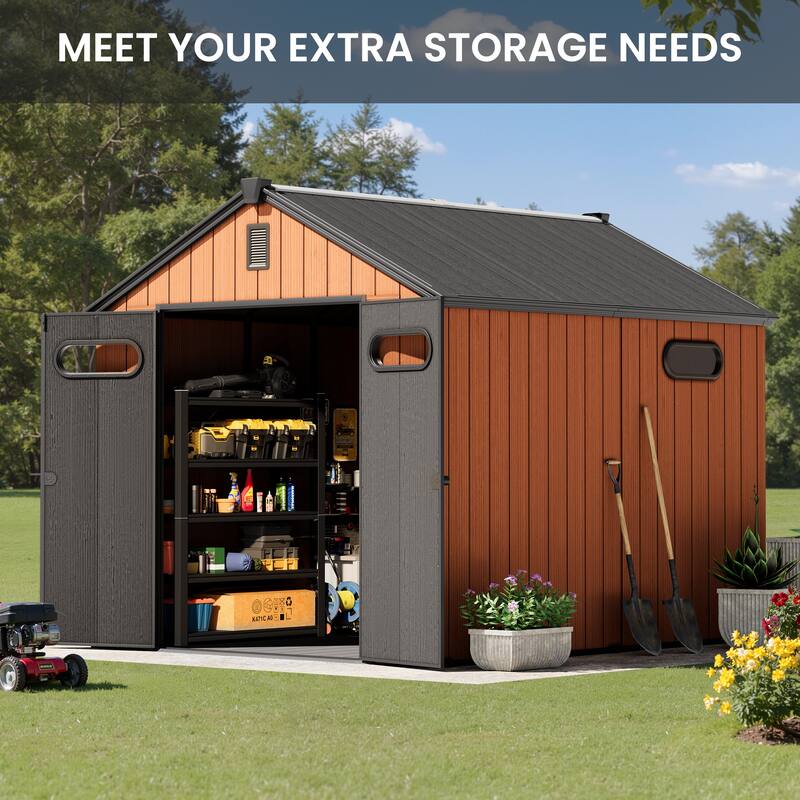 8' x 8' / 8' x 10'/ 8' x 12' Outdoor Resin Storage Shed with Lockable Doors and Air Vents for Garden