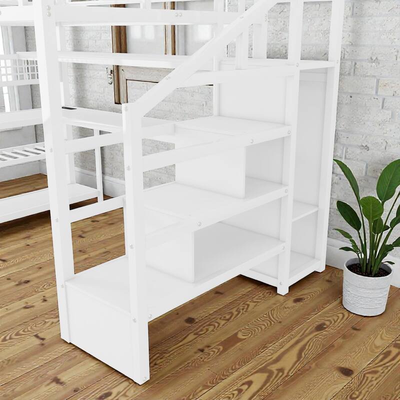 Full Size Metal Loft Bed with Staircase Storage, Wardrobe, L-Shaped Desk, Shelves, LED Lights and USB Charging Station