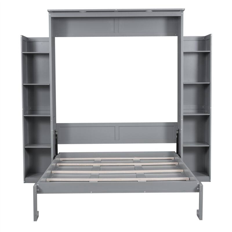 Solid Wood Murphy Wall Bed w/ LED Lights & Open Storage Shelves, Full/Queen Size Folding Murphy Cabinet Bed, Space Saving Design