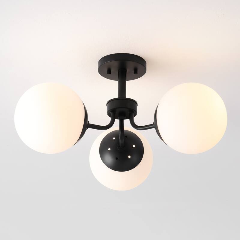 Ojai 23.5" 3-Light Bohemian Farmhouse Iron/Frosted Glass LED Semi Flush Mount, Brass Gold/White by JONATHAN Y