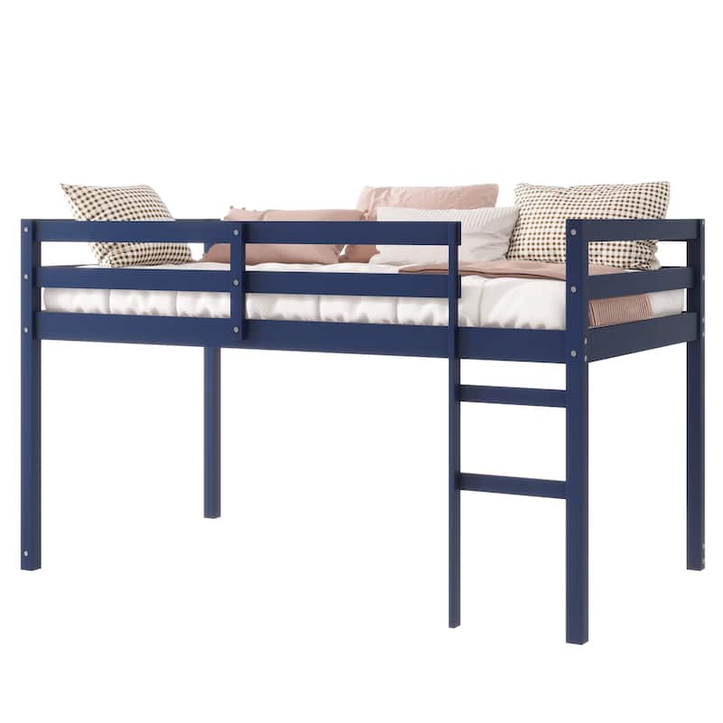 Solid Wooden, Rubber Wooden Twin Loft Bed with Ladder, Bed Platform of Strengthened Slats, Pink