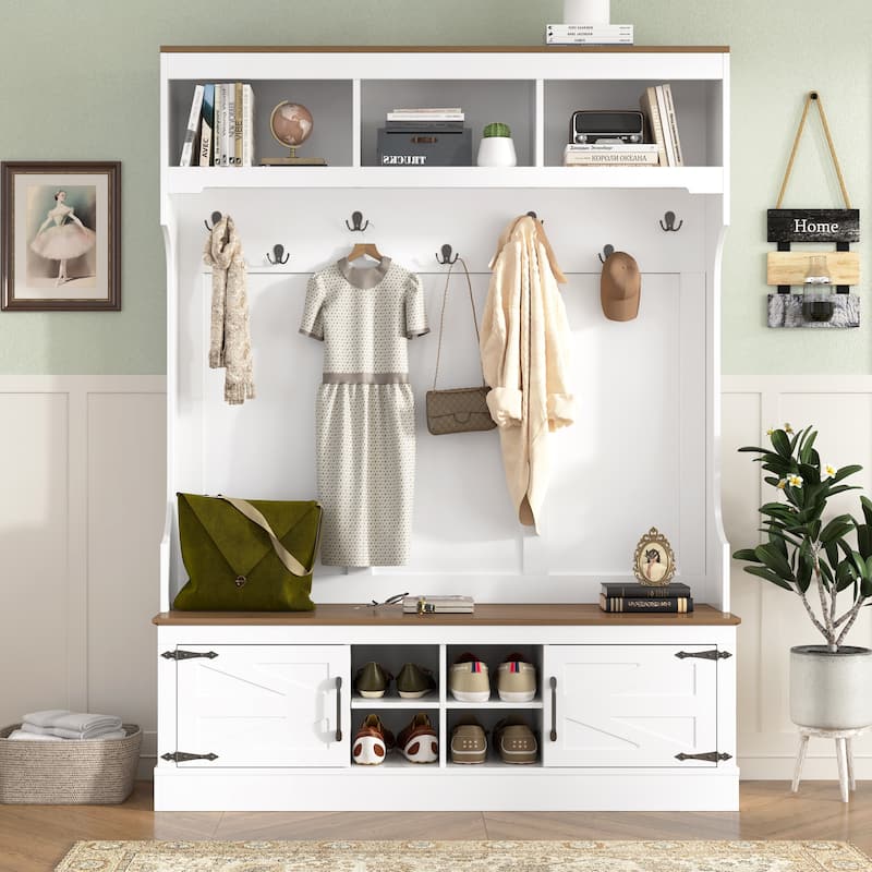 71" Farmhouse Hall Tree with Bench, 5-in-1 Entryway Storage with Coat Rack & 4 Shoe Cubbies - White