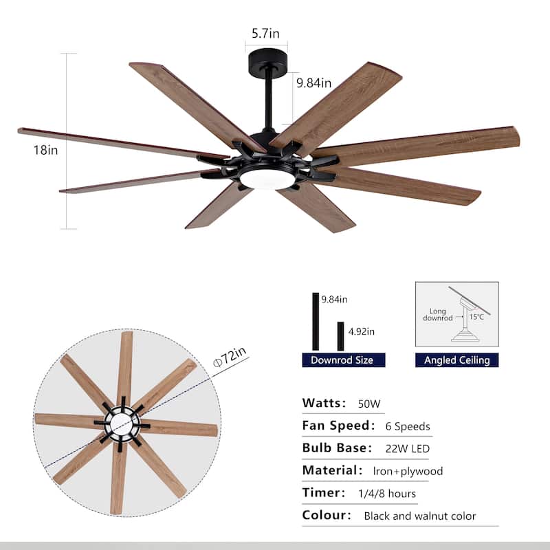 Large Ceiling Fan with Light: Modern 72-inch 8-blade dual-finish outdoor ceiling fan with remote control - Black + Dark Walnut