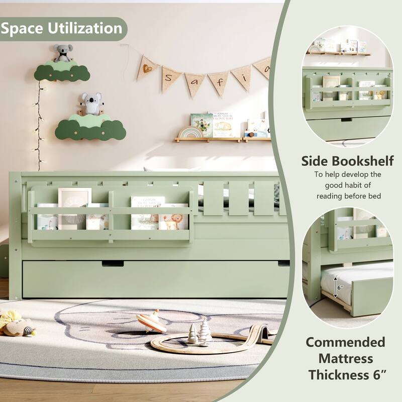 Full with Built-in Bookshelves and Small Staircase, High-Quality Safety Rails, and Trundle