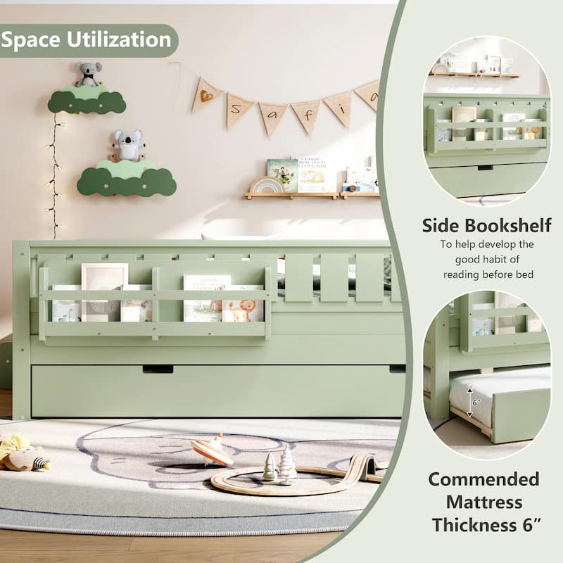 Roomfitters Floor Bed with Bookshelf and Trundle, Low Profile Frame with Step Entry