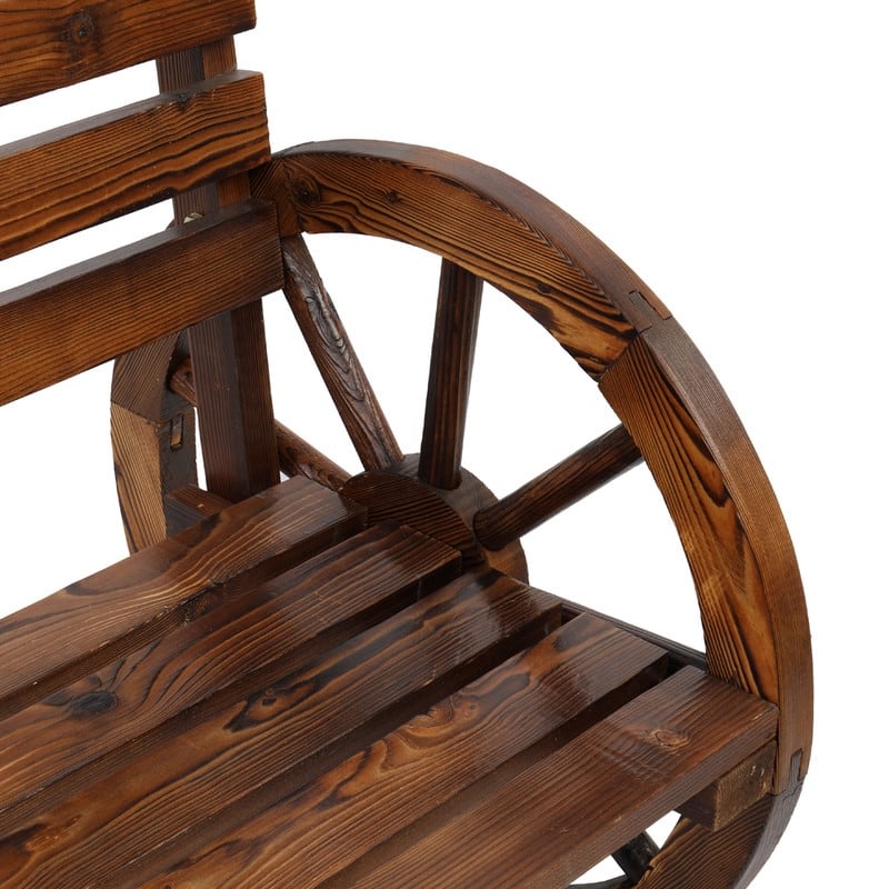 Outdoor Wooden Wagon Wheel Bench with Slatted Seat and Backrest