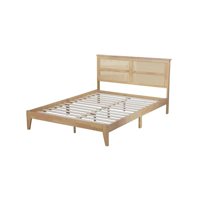 Solid Wooden Queen Bed with Rattan Headboard and Underbed Storage, Support Feet, Espresso Finish