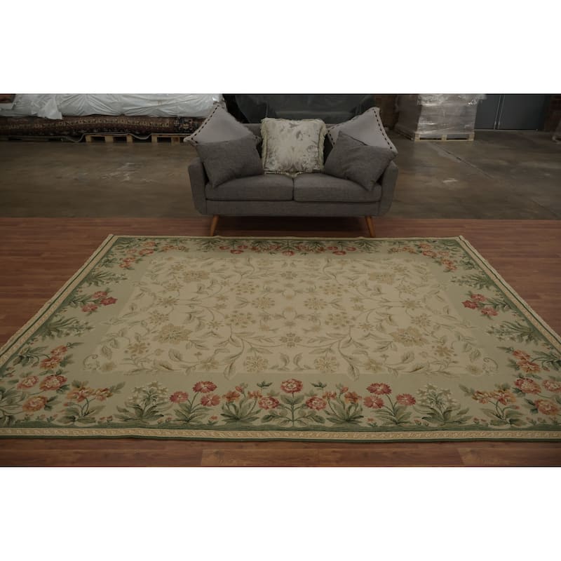 Hand Knotted Oriental 100% Wool Carpet Traditional Floral Beige & Ivories Aubusson Area Rug - 9' 8'' X 7' 6''