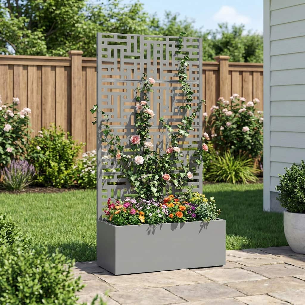 Galvanized Planter Box with Trellis & Privacy Screen