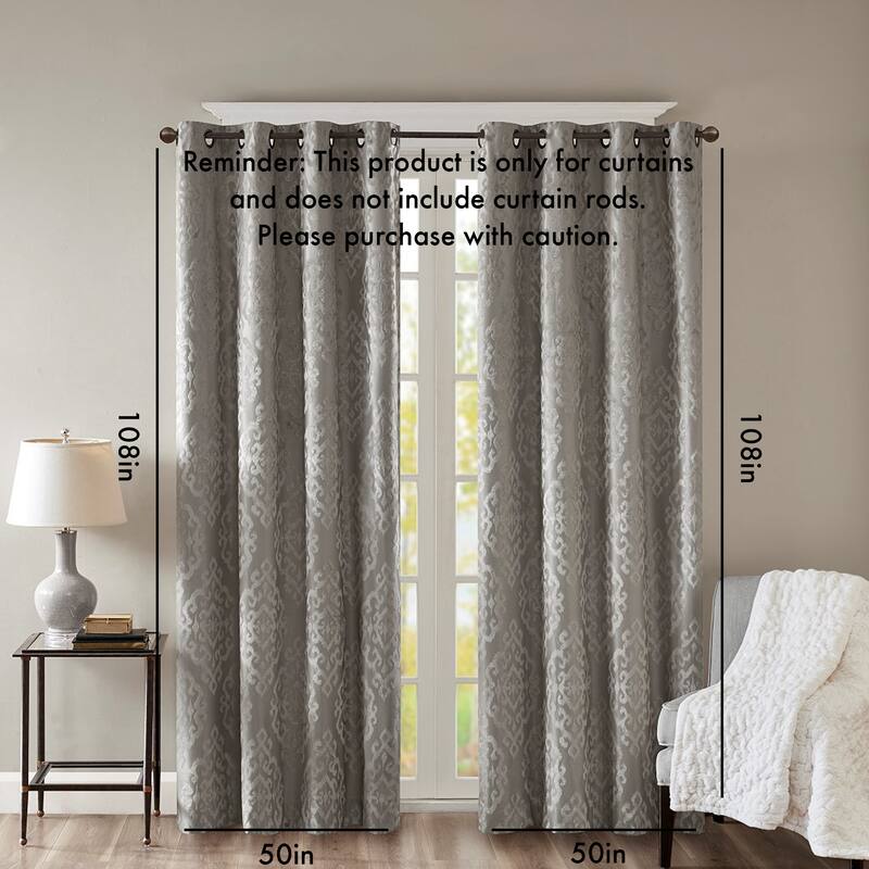 Knitted Jacquard Damask Total Blackout Grommet Top Curtain Panel(Only 1 Pc Panel) - Charcoal - 108 Inches