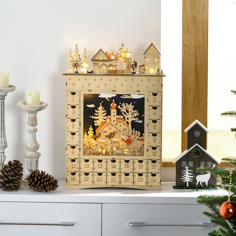 HOMCOM Christmas Advent Calendar, Light Up Wooden Holiday Decoration with 24 Countdown Drawers and LED LightsNatural