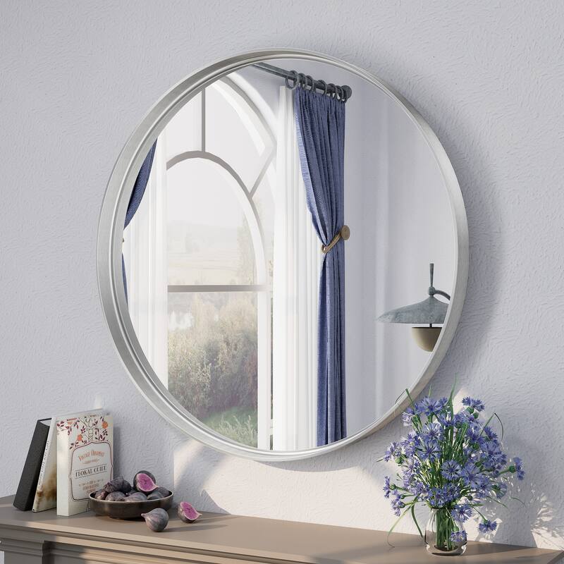 Round Tempered Glass and Metal Framed French Cleat Mounted Wall Bathroom / Vanity Mirror - 30" x 30" - Silver