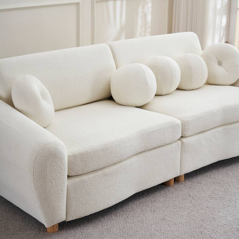 2-seater Loveseat Couch with 5 Toss Pillows and Solid Wood Legs, Chenille Upholstered Sectional Sofa, Easy Assembly,White