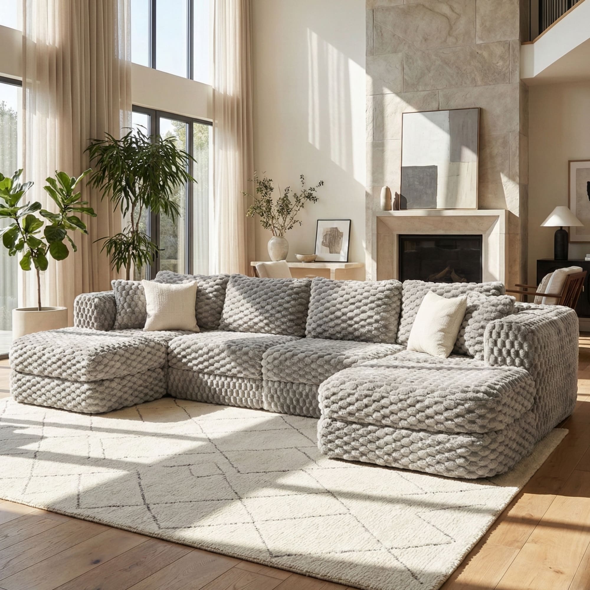 Modular Bubble Velvet Upholstery Sectional Sofa with 2 Movable Ottomans and 4 Throw Pillows for Living Room