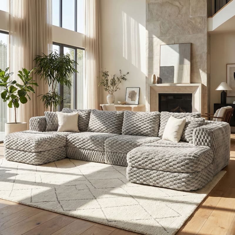 Modular Sectional Sofa with Bubble Velvet Upholstery, 2 Movable Ottomans and 4 Throw Pillows for Living Room - Grey