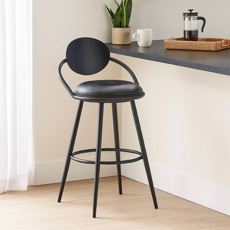 Carny Swivel Barstool Chair, Black Iron, Wood Back, Black Faux Leather