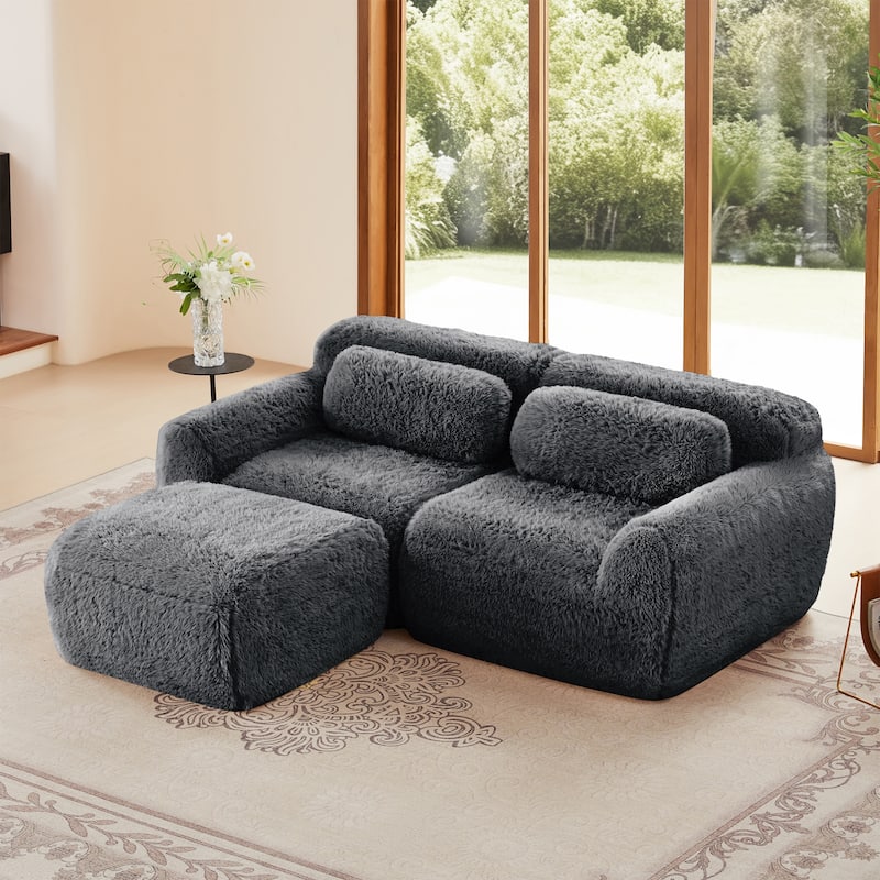 L-shaped Boneless Sofa,Soft Fluffy Plush Fabric - Dark Gray