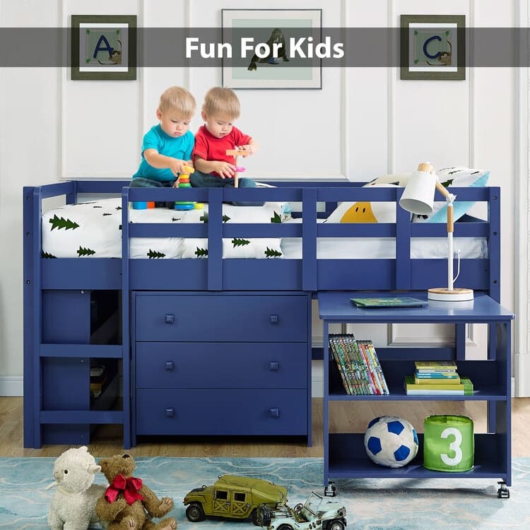 Twin Size Loft Bed with Desk Low Study Kids Twin Loft Bed with Storage Pine Wood Loft Bed for Kids Twin Loft Bed with Cabinet