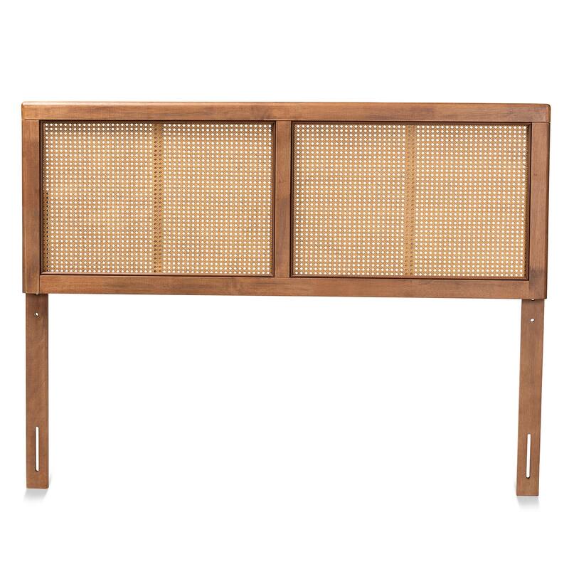 Mid-Century Modern Ash Walnut Wood and Synthetic Rattan Queen Size Headboard with Warm Retro Inspired Finish