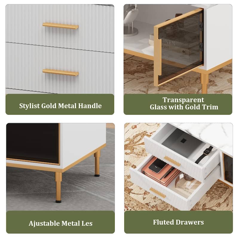 Minimalist Coffee Table with Faux Marble Surface, Glass Storage Doors