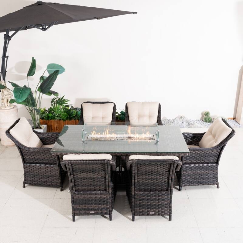 Outdoor Patio Premium Aluminum Fire Pit Table Set with PE Rattan Chairs