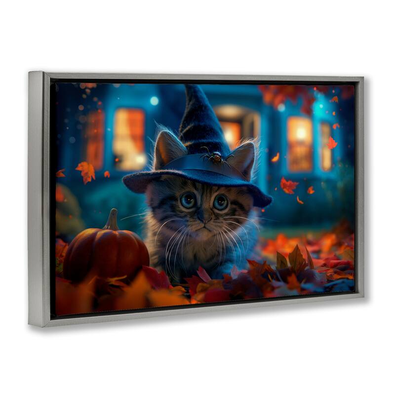 Stupell Halloween Witch Kitten & Pumpkin Framed Floater Canvas Wall Art Design By Wumples