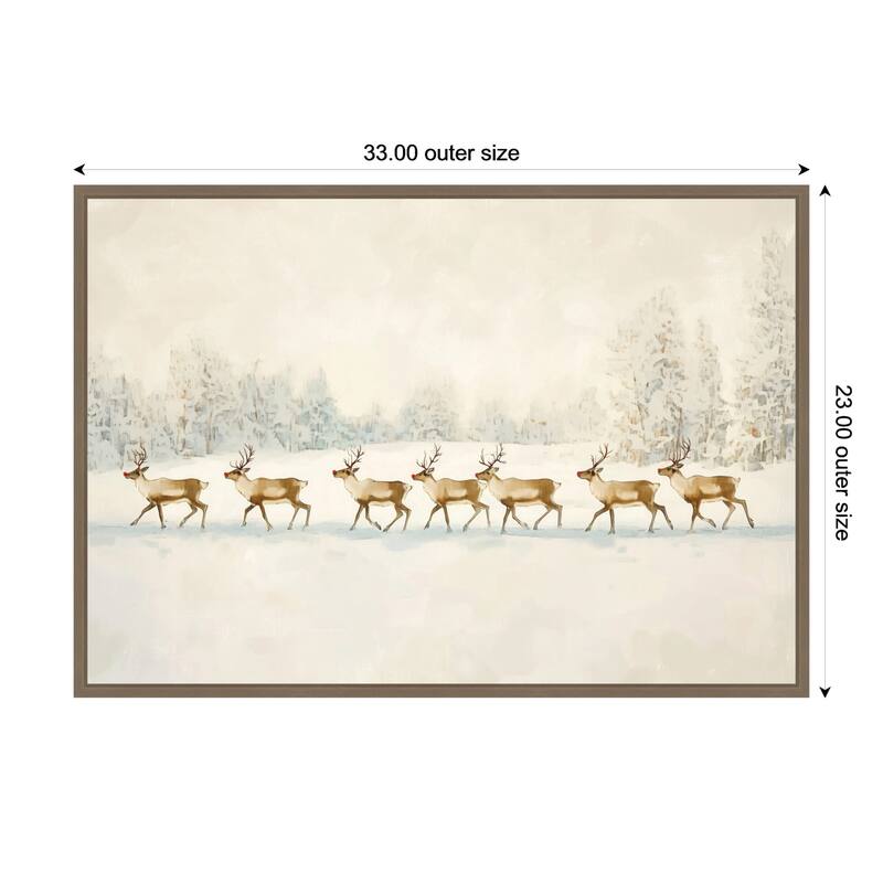 Winter Wonderland: Reindeer Procession by Melloi Art Prints Framed Canvas Wall Art Print - Sylvie Dark Gold - 33 x 23 in