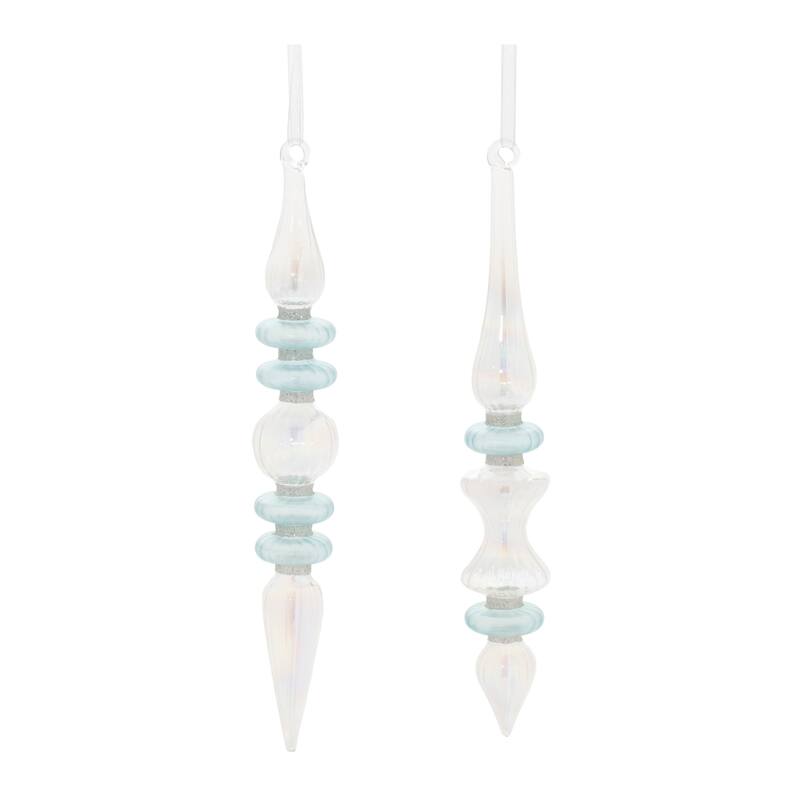 Set of 24 Wintry Blue Iridescent Glass Finial Christmas Ornaments - 1.5” L x 1.5” W x 10.5” H - Blue