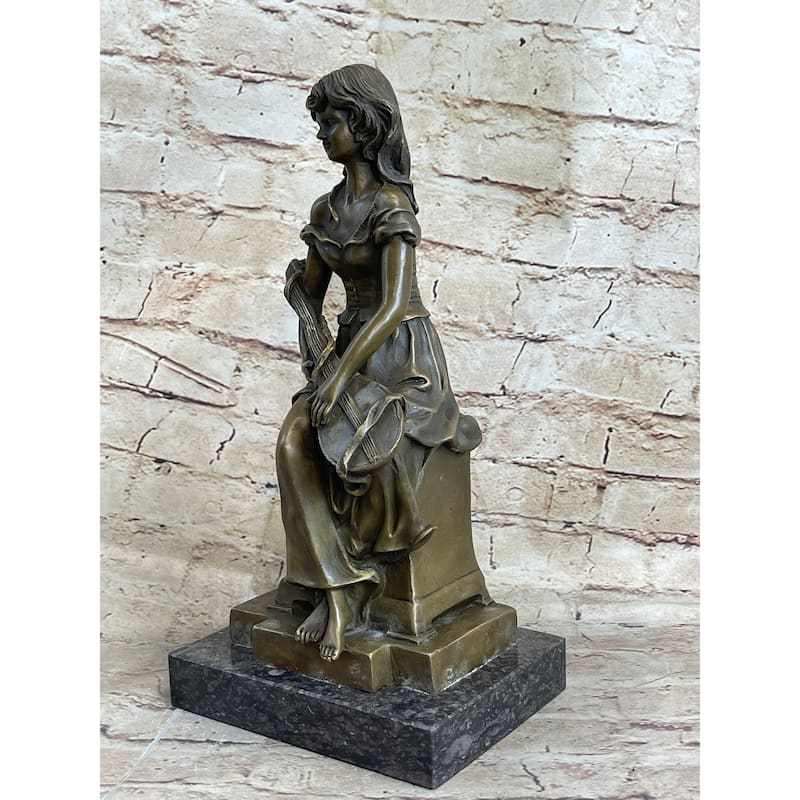 Young Girl With Guitar Musical Instrument Musician Bronze Statue Sculpture Figure 13 Inches X 6.5 Inches
