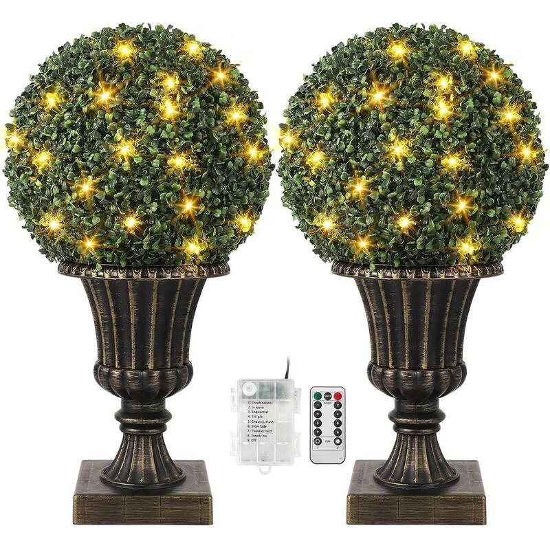 2 pcs Pre-Lit Artificial Plant Topiary Ball for Outdoor Indoor - 27 inch - Green with Dark Red Base