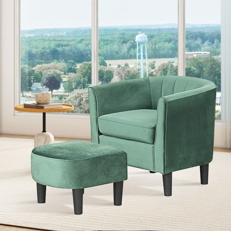 Modern Velvet Barrel Armrest Lounge Chair with Ottoman and Washable Cushion for Bedroom or Living Room