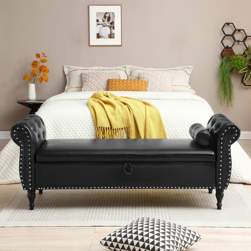 63" PU Upholstered End of Bed Bench Flip Top Entryway Ottoman with Safety Hinge Storage Rectangular Sofa Stool Buttons
