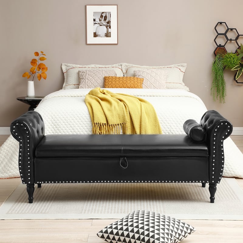 Flip Top Storage Tufted Nailhead Upholstered Bench with Solid Wood Legs