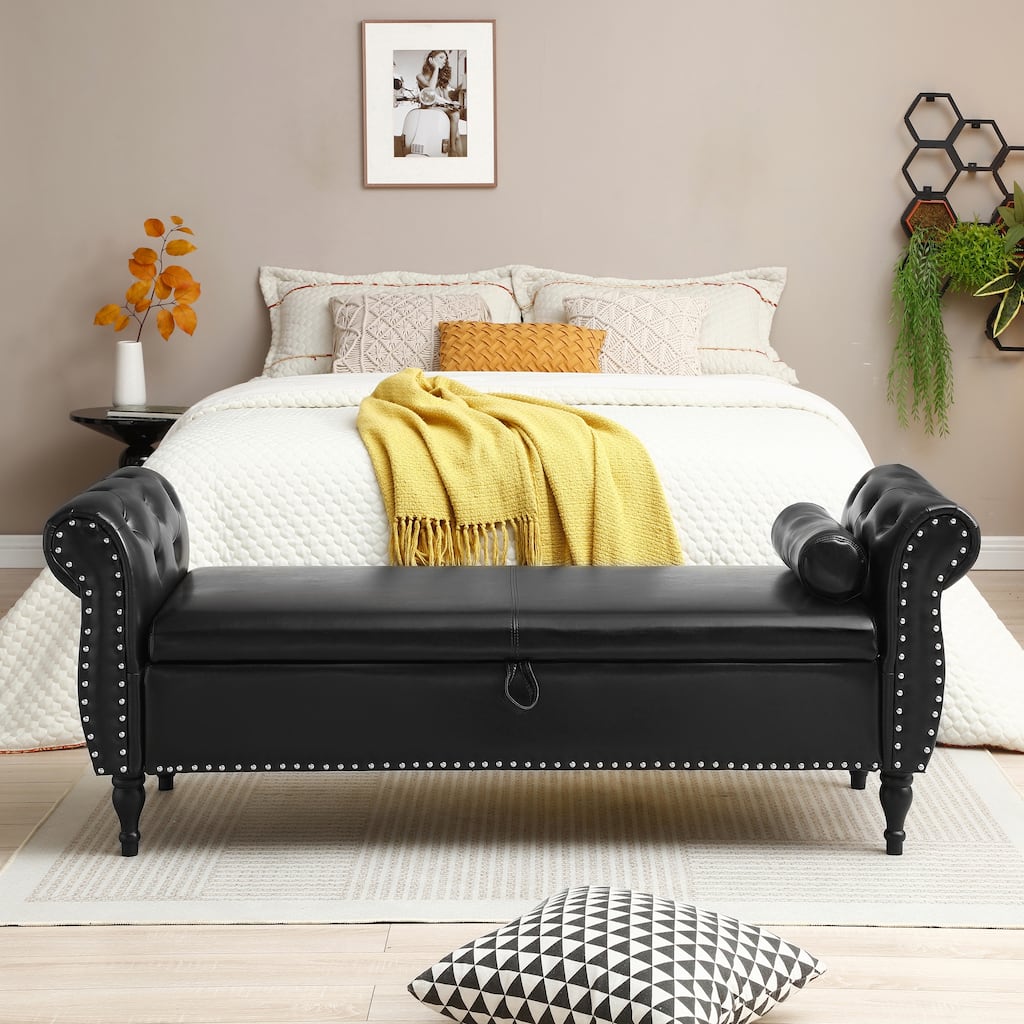Flip Top Storage Tufted Nailhead Upholstered Bench with Solid Wood Legs