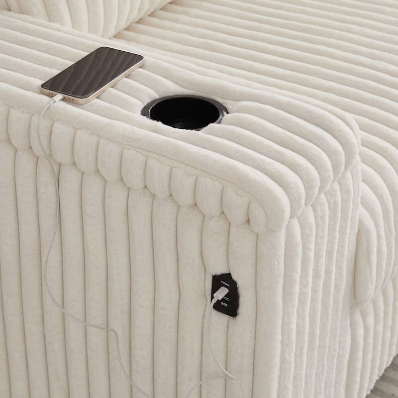 110" Oversized L-Shaped Corduroy Corner Sofa with Two USB Ports and Two Cup-holder