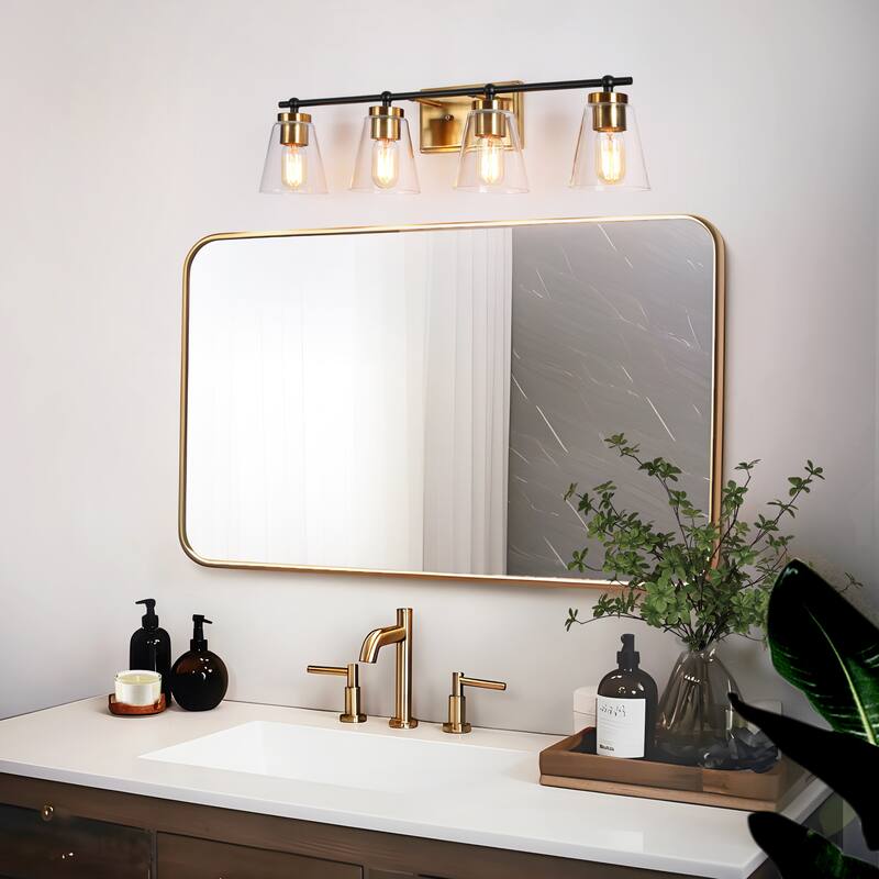 Modern 4-Light Black Gold Bathroom Vanity Light Cone Clear Glass Wall Sconce