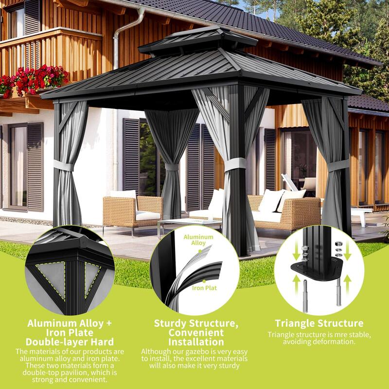 Aluminum Hardtop Gazebo 10x10FT, Outdoor Double Roof Canopy with Curtains and Netting for Garden, Metal Tent