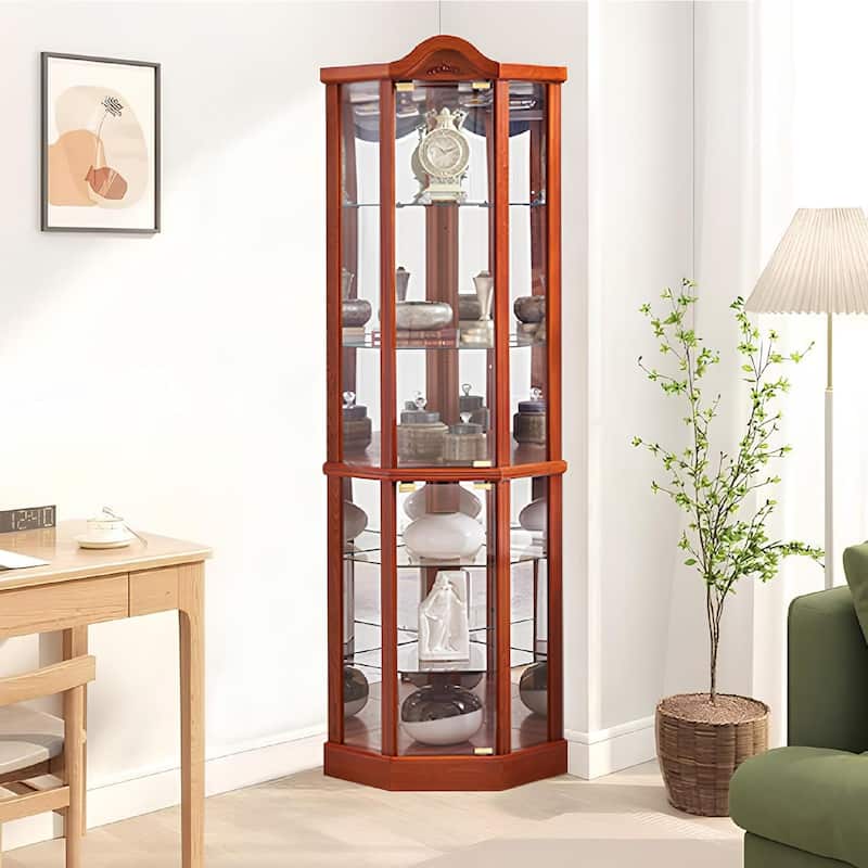 Roomfitters Wooden Corner Display Curio Cabinet, Lighted China Cabinet with Tempered Glass Door