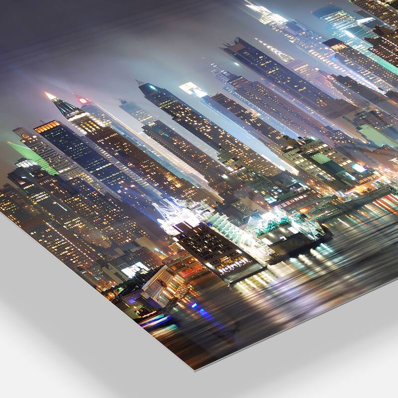 Designart 'Lit NYC Manhattan Skyline' Cityscape Photo Metal Wall Art