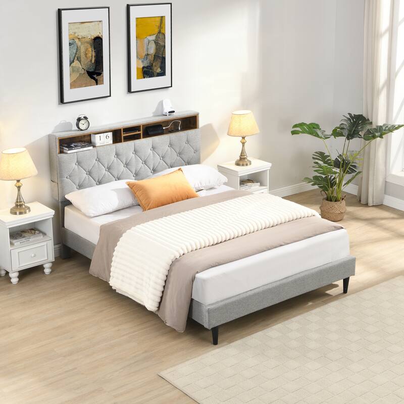 Queen Size Linen Upholstered Platform Bed with Button-Tufted Headboard, USB Charging Station and Side Pockets - LIGHT GREY