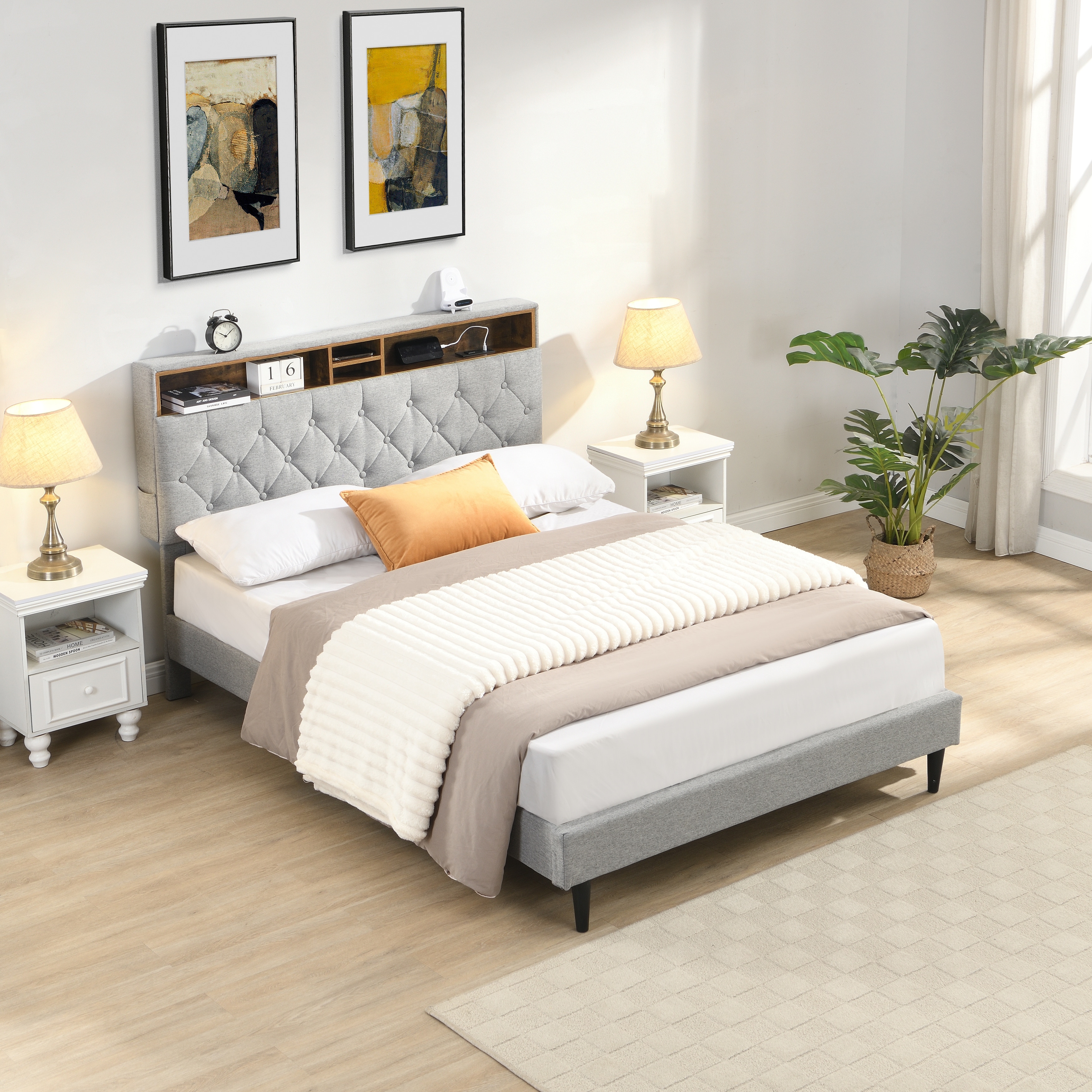 Queen Size Upholstered Platform Bed Frame w/ Modern Button-Tufted Linen Fabric Headboard, Light Grey