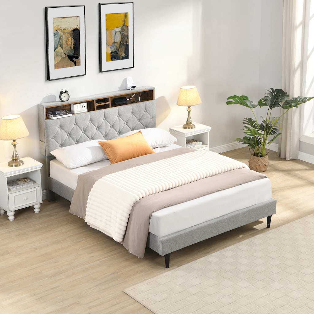 Queen-Size Upholstered Platform Bed Frame with a Modern Button-Tufted Linen Fabric Headboard,USB Ports,Charging Station