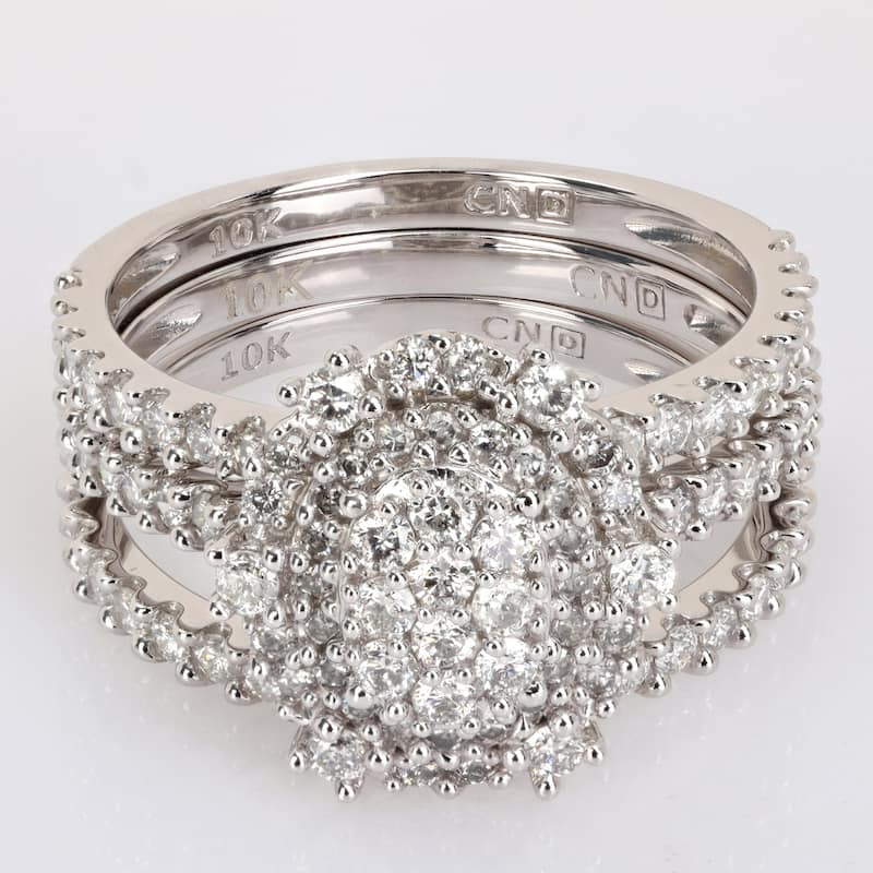 Miadora 1 1/2ct TW Diamond Double Halo Oval Shaped Cluster Bridal Set 10k White Gold