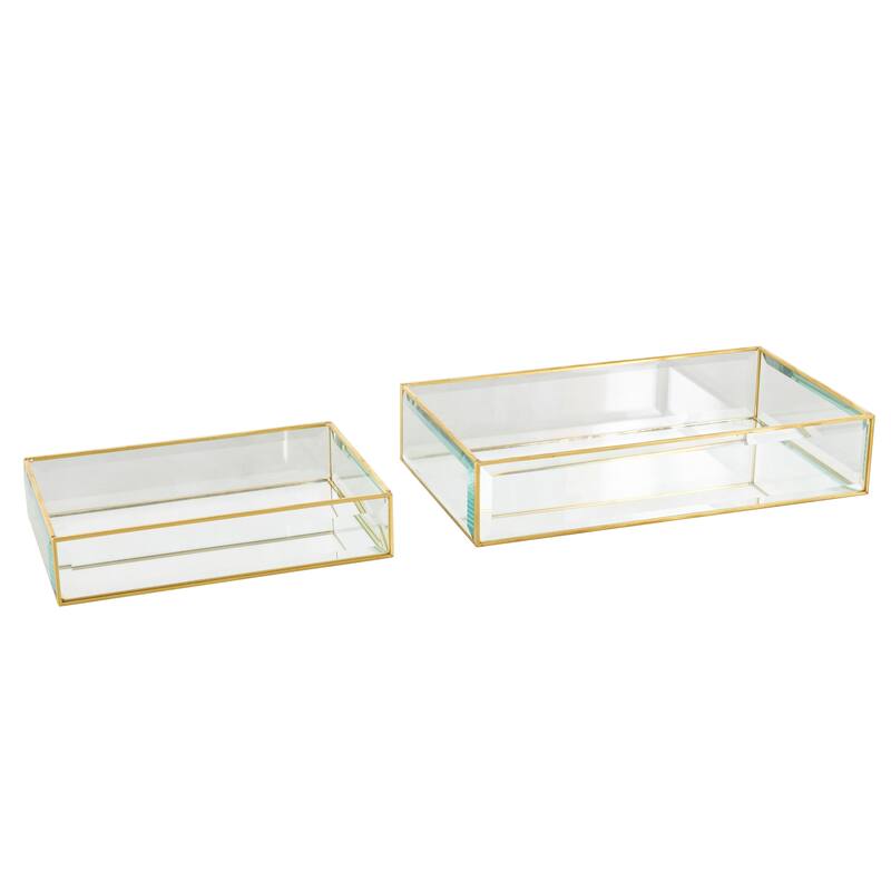 Glass Beveled Jewelry Box with Gold Metal Frame - Set of 2 Clear - Roche River Decor - 7"W x 12"L x 3"H