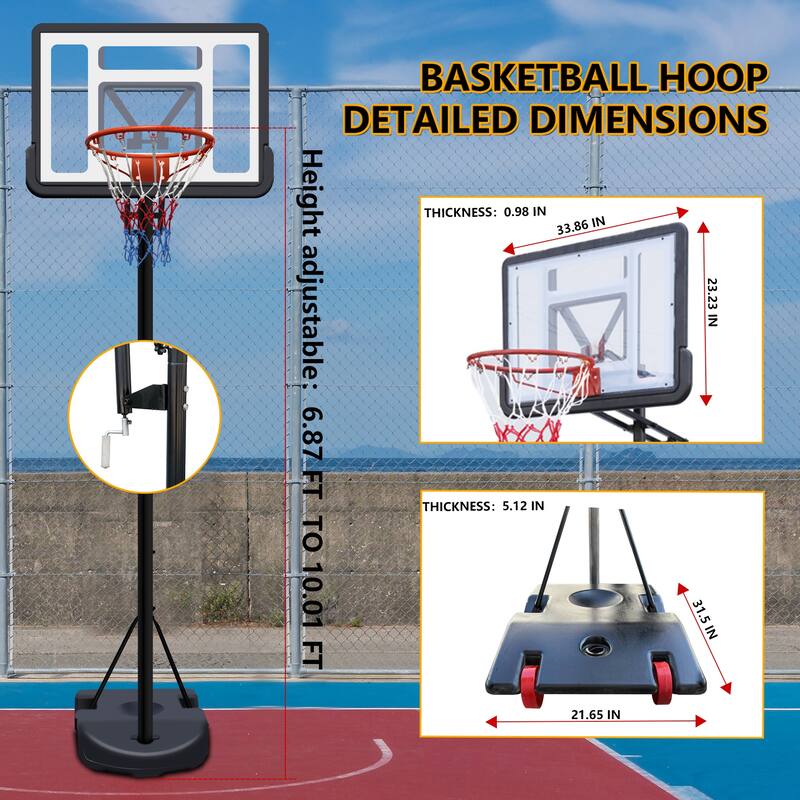Portable Basketball Hoop,Adjustable Height 6.89ft to 10.01ft,34 inch Backboard with Rebound System,with Water/Sand Base & Wheels