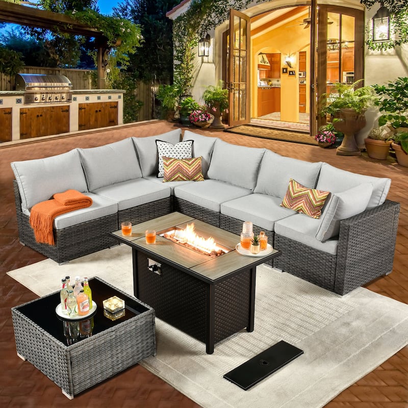HOOOWOOO 8-piece Grey Wicker Patio Furniture Set Sectional Sofa with Fire Pit Table - Grey