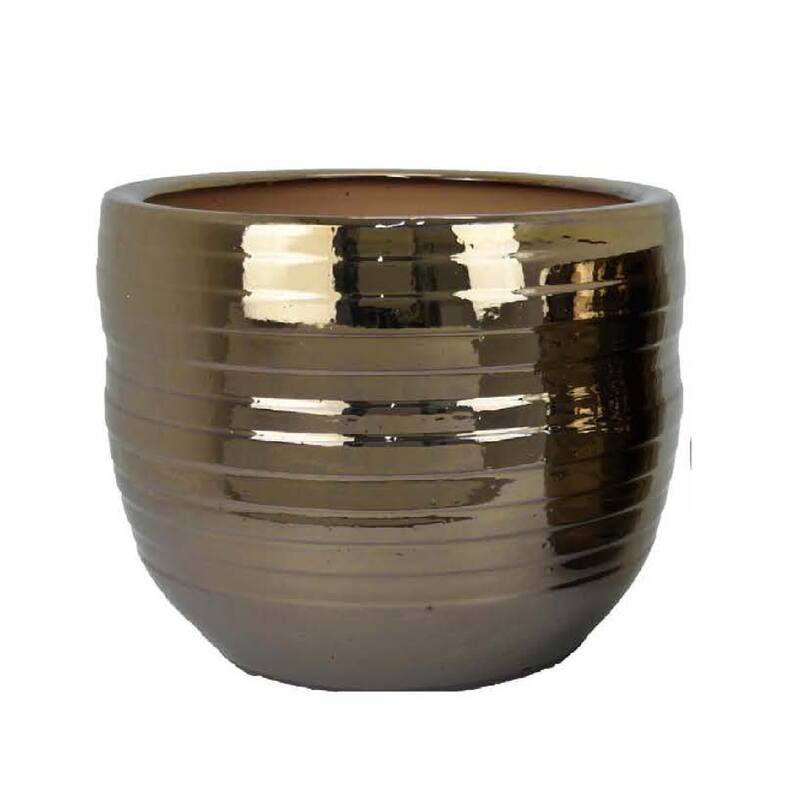 Paulo Barrel Planter Set of 2, Raised Ribbed Gold Ceramic 19, 15 Inch