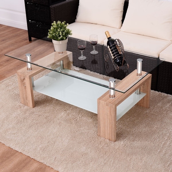 Costway Rectangular Tempered Glass Coffee Table w/Shelf Wood Living