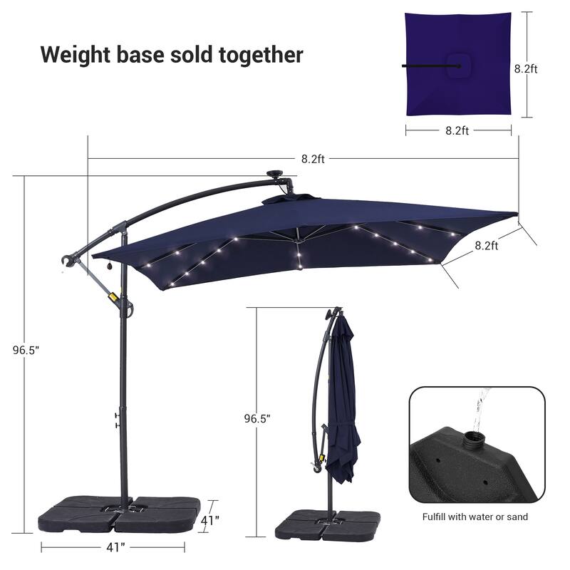 LIVOOSUN 8.2Ft LED Square Offset Hanging Patio Umbrellas w/Base